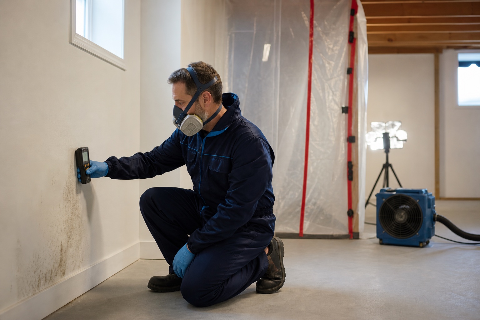 Illustration : inspection d’un mur touché par l’humidité